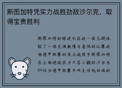 斯图加特凭实力战胜劲敌沙尔克，取得宝贵胜利