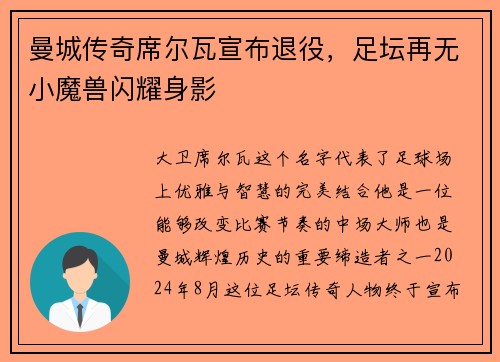 曼城传奇席尔瓦宣布退役，足坛再无小魔兽闪耀身影